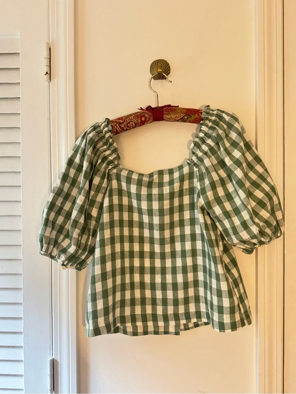 Linen-Cotton Square-Neck Button-Front Top in Gingham Check